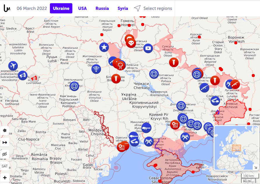 Image shows a screenshot of the Universal Live Map with icons showing where conflict and other events are occurring in the battle between Russia and Ukraine.